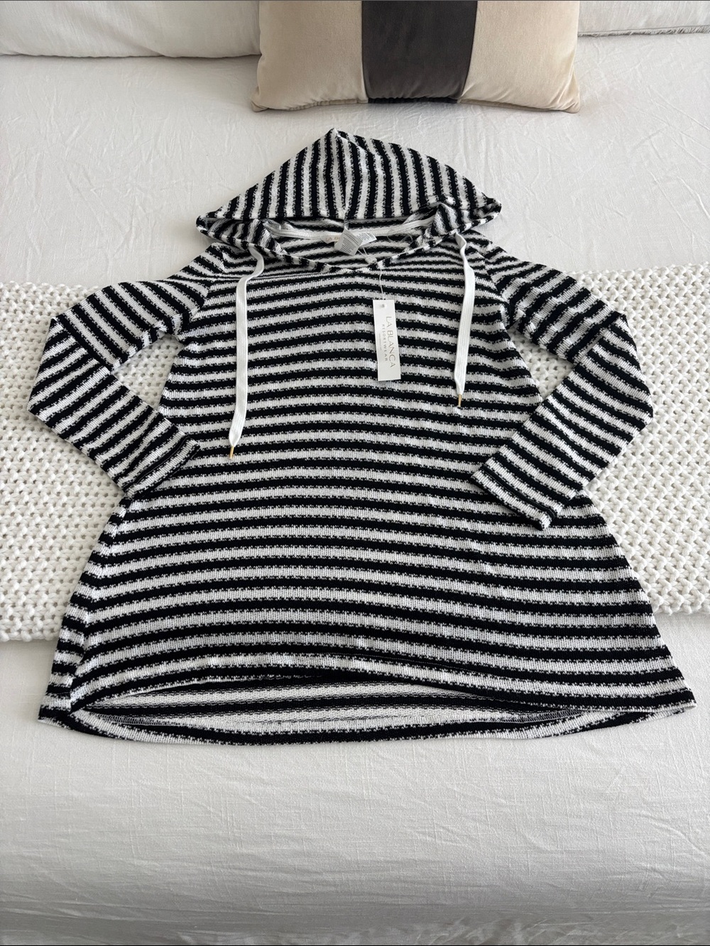 La Blanca Black and White Striped Knit Hoodie Sweater
